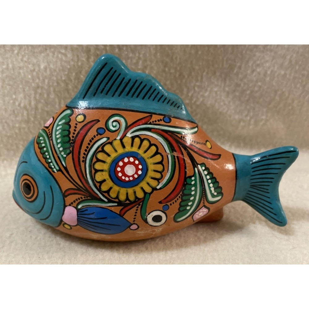 Mexican Clay Pottery Fish Figurine Hand Painted Tropical Floral Flower Plants 5"